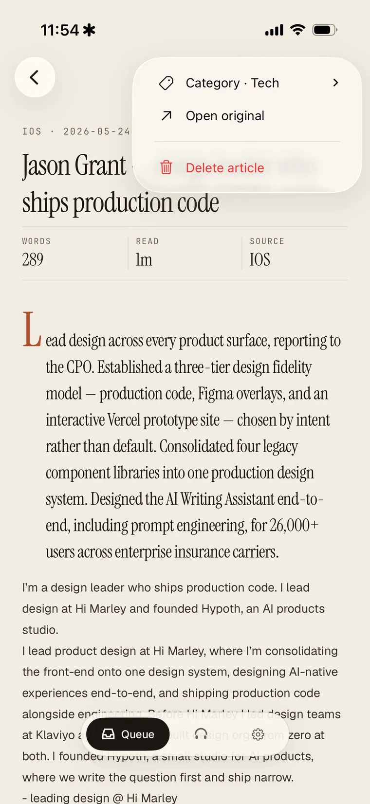 A saved article in Wren with the menu to change category, open the original, or delete