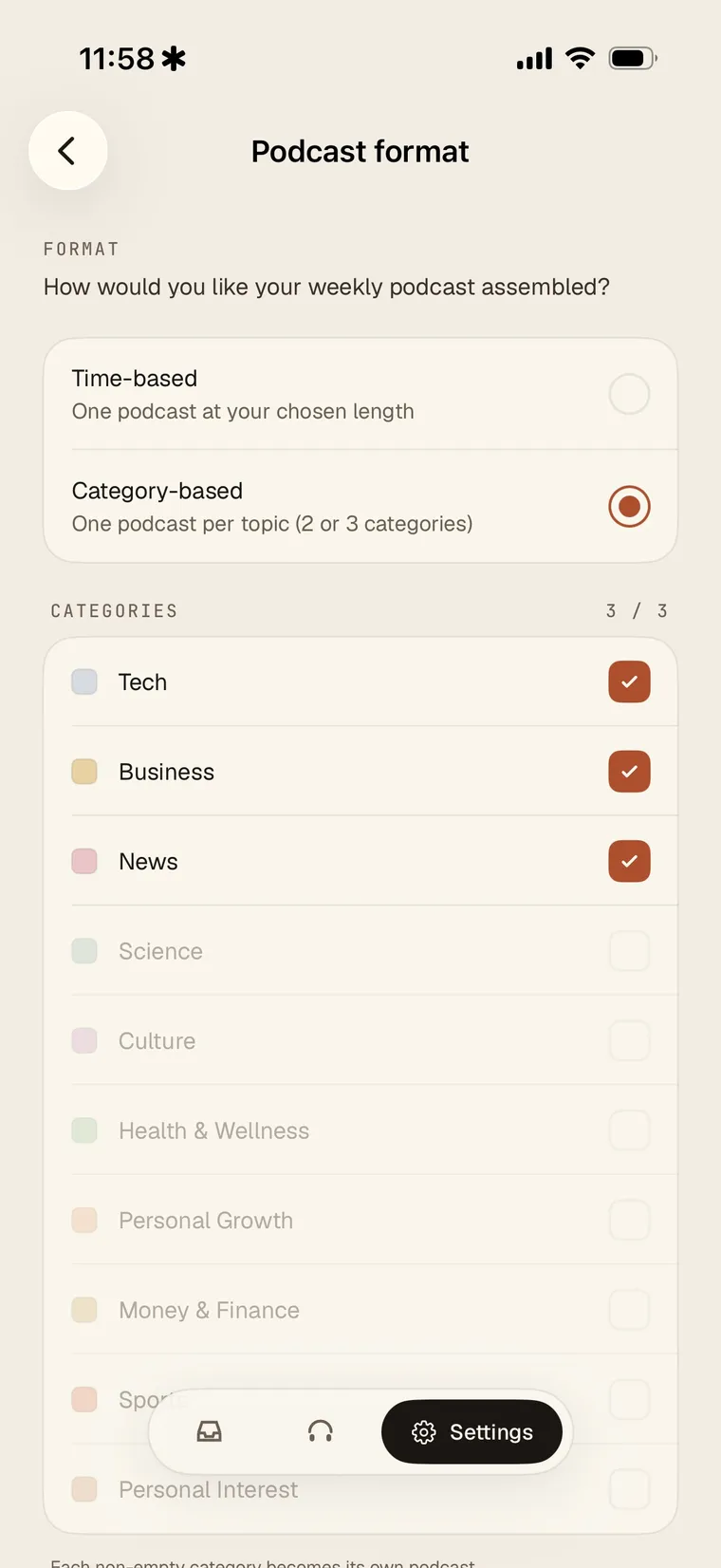 Category-based podcast format with selectable topic categories