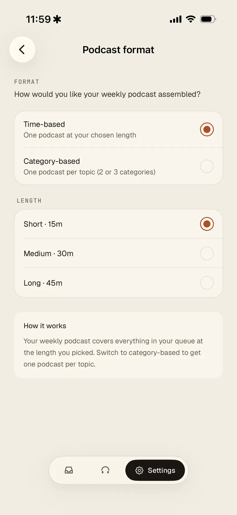 Time-based podcast format with Short, Medium, and Long length options