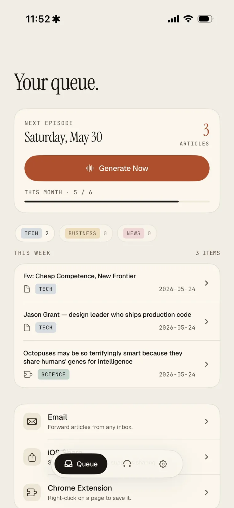Wren queue with saved articles grouped by category and a Generate Now button