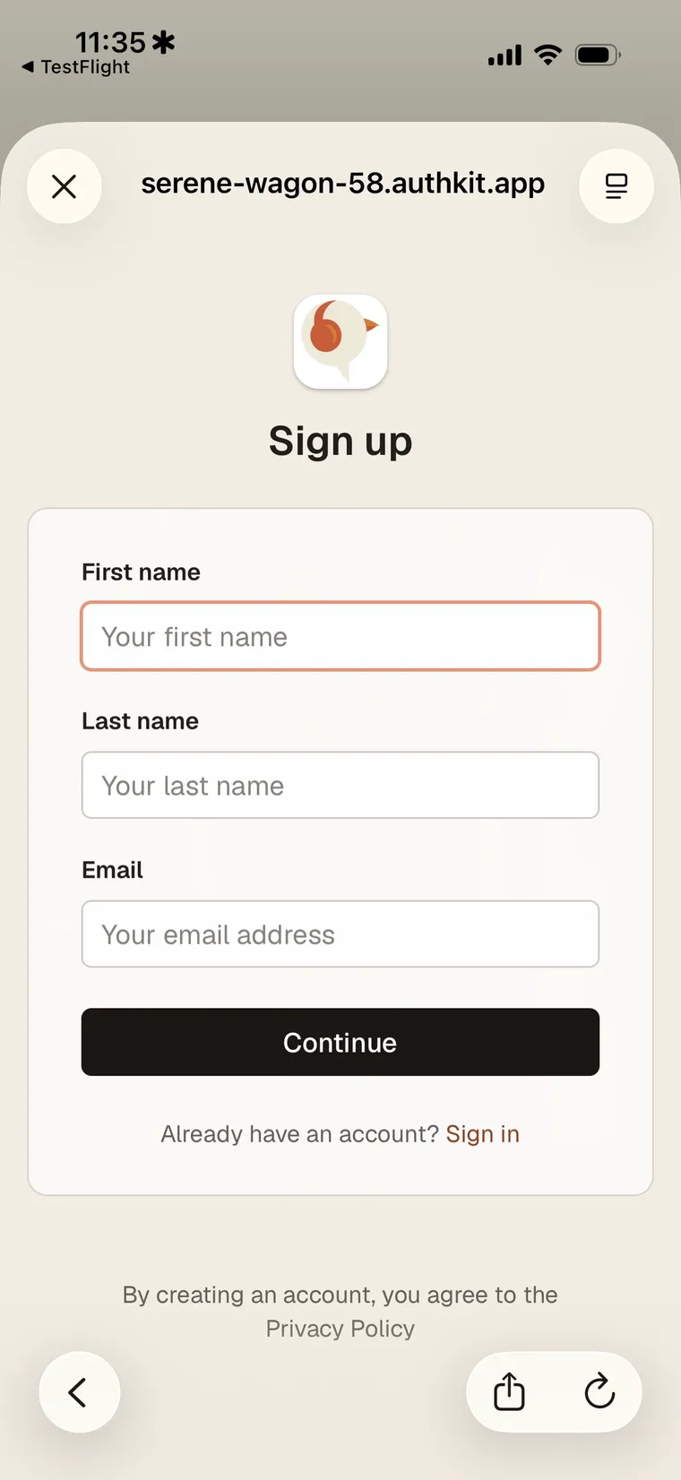 Wren sign-up screen