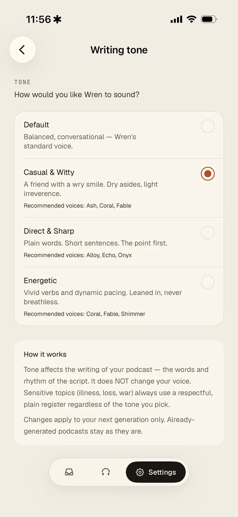 Wren writing-tone settings: Default, Casual and Witty, Direct and Sharp, Energetic