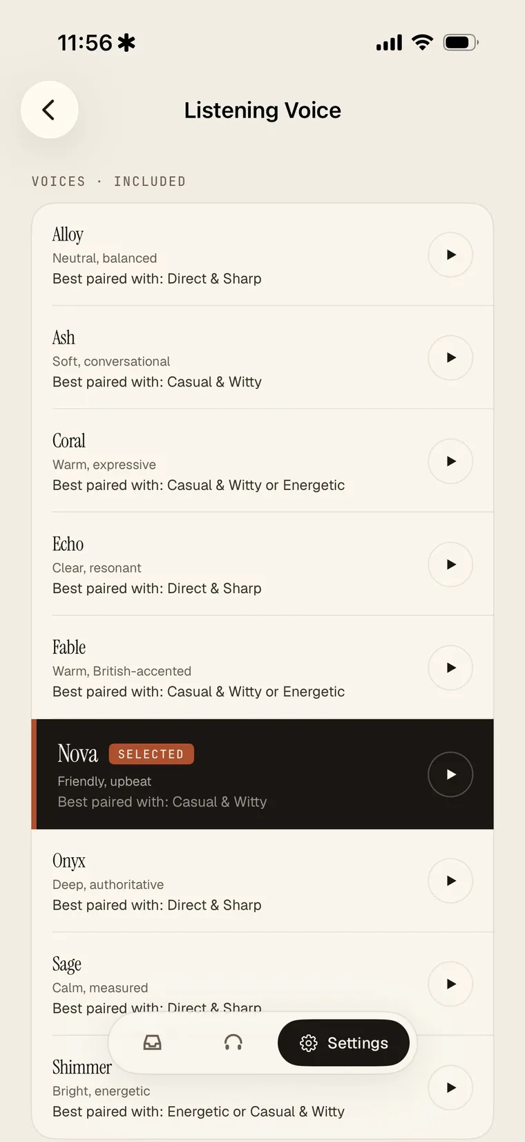 Wren listening-voice picker with previewable voices